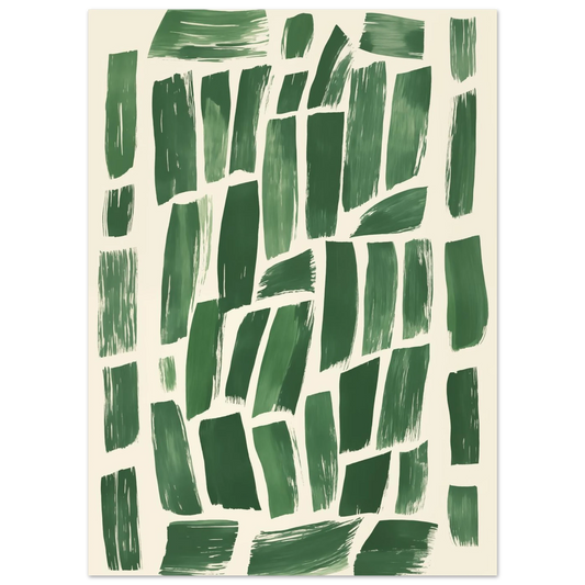 Poster „Abstrakte Grüntöne“ mit abstrakten grünen Pinselblöcken auf hellem Hintergrund, 13 × 18 cm