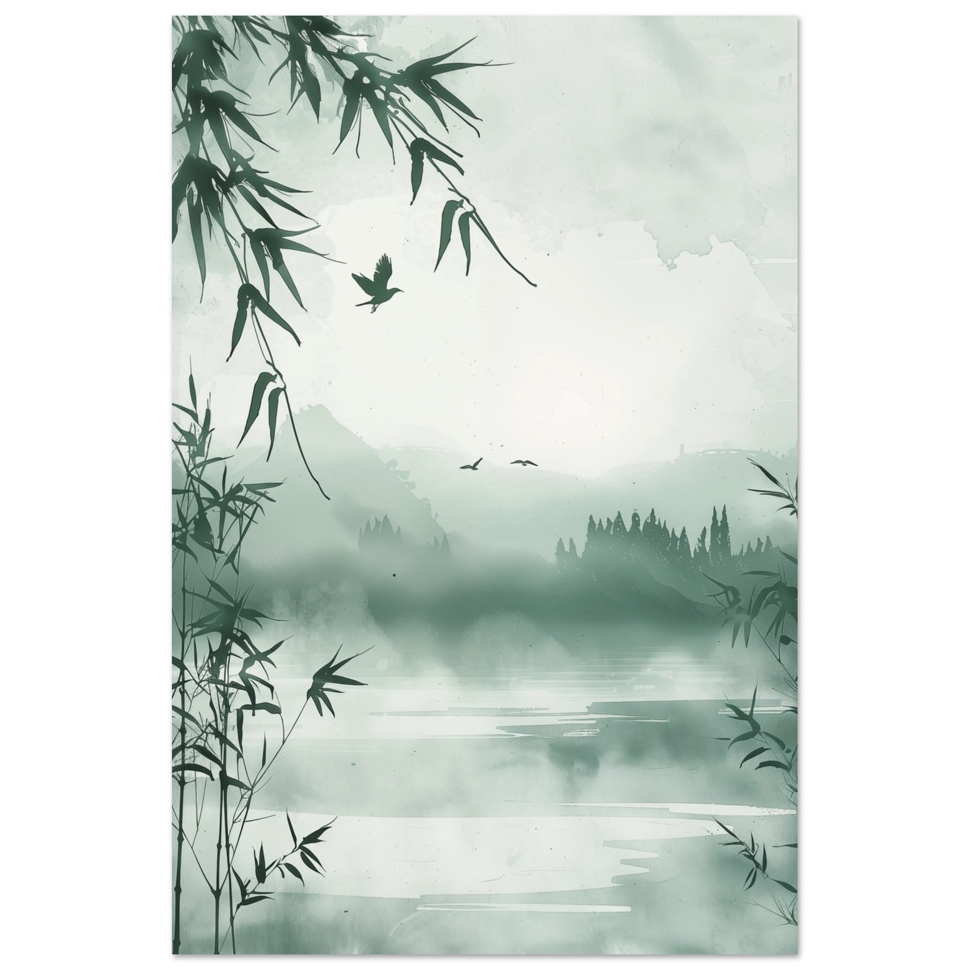 Wandbild „Nebel im Bambuswald“ mit neblige Bambuslandschaft in blassem Grün, Grau und Weiß, 60x90 cm