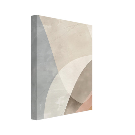 Leinwand „Geometrische Abstraktion“ mit sanfte geometrische Bögen und Flächen in Beige, Grau, Creme und Apricot, 20x25 cm