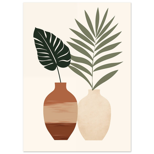 Poster „Stillleben in Terrakotta“ mit zwei stilisierten Blättern in Vasen in Grün, Terrakotta, Beige und Creme, 13x18 cm