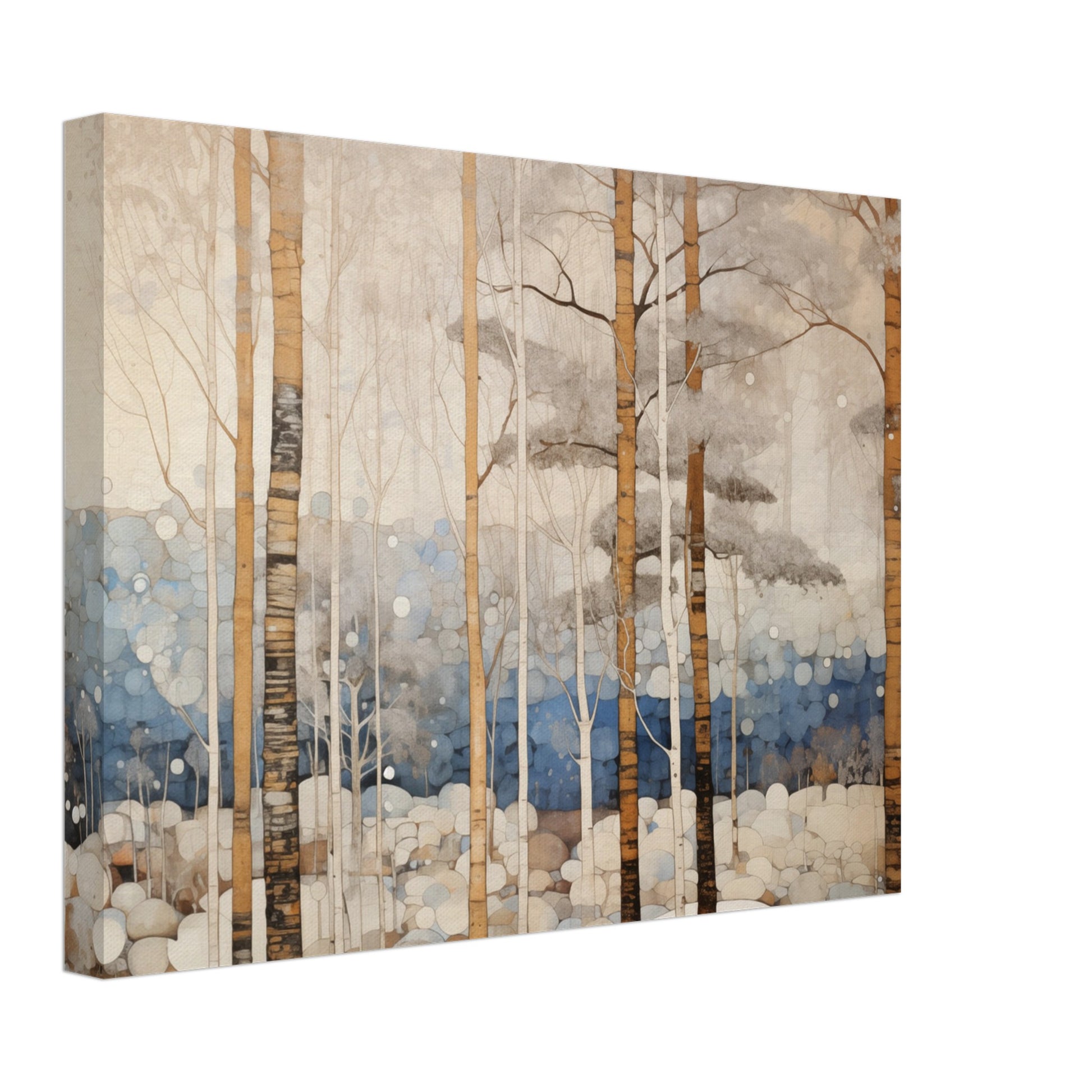 Leinwand „Wintermorgen“ mit winterlichem Birkenwald mit Gold- und Blautönen, 30x40 cm