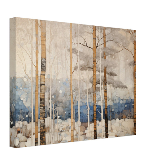 Leinwand „Wintermorgen“ mit winterlichem Birkenwald mit Gold- und Blautönen, 30x40 cm