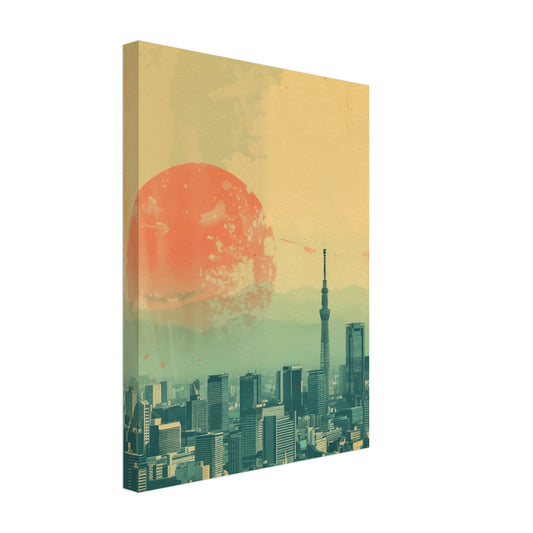 Leinwand „Tokyo Pastellblick“ mit Tokyo-Skyline vor pastellfarbener Sonne, 30x40 cm