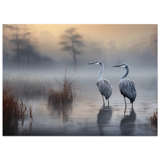 Poster „Morgendämmerung der Kraniche“ mit Kranichen im nebligen See vor graublauer Morgenlandschaft, 13x18 cm