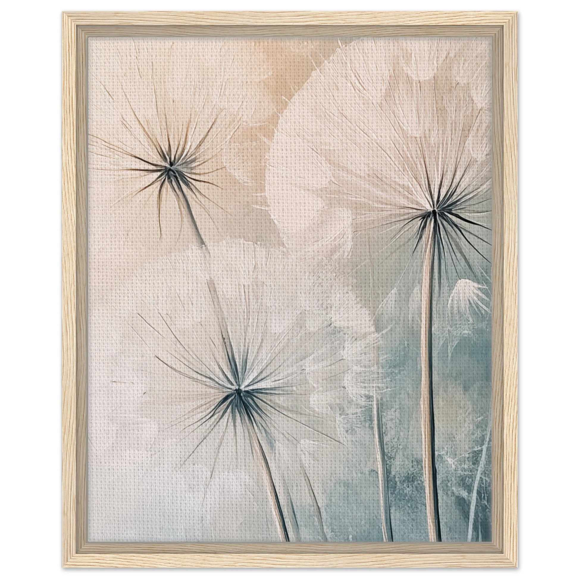 Gerahmte Leinwand „Zarte Pusteblumen“, heller Holzrahmen, 40 × 50 cm, mit zarten Pusteblumen in Creme und Blau