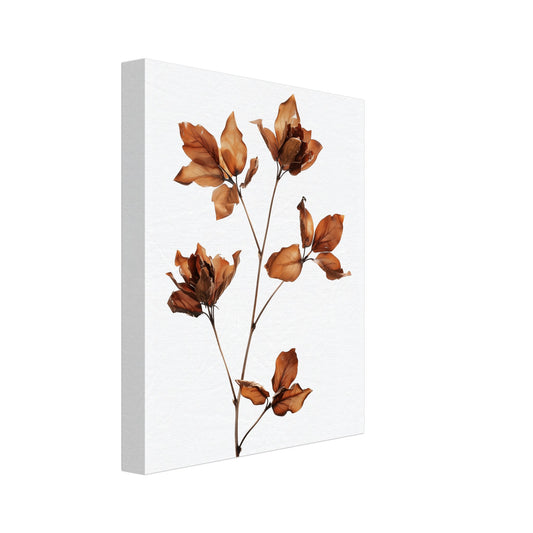 Leinwand „Autumn Elegance“ mit orangebraunem Herbstlaub an einem schlanken Zweig auf hellem Grund, 20 × 25 cm