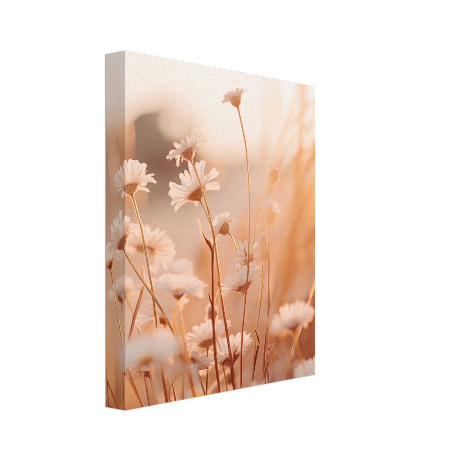 Leinwand „Morgendämmerung im Feld“ mit zarte Wildblumen und Gräser im warmen roséfarbenen Morgenlicht, 20x25 cm