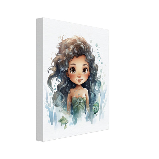 Leinwand „Meerjungfrau "Marlen"“ mit niedliche Meerjungfrau mit dunklen Locken und türkisgrünem Schuppenkleid, 20x25 cm