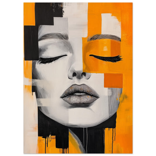 Poster „Zerbrochene Harmonie“ mit kubistischem Frauenporträt in Schwarz, Grau, Creme und Orange, 13x18 cm