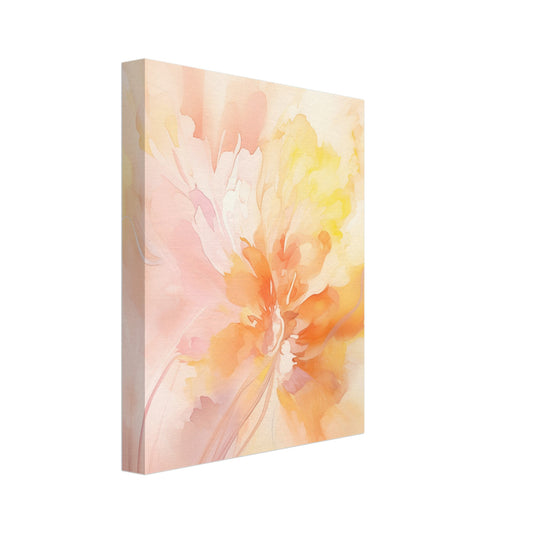 Leinwand „Zarte Entfaltung“ mit abstrakter Blüte in Apricot, Rosa, Gelb und Creme, 20x25 cm