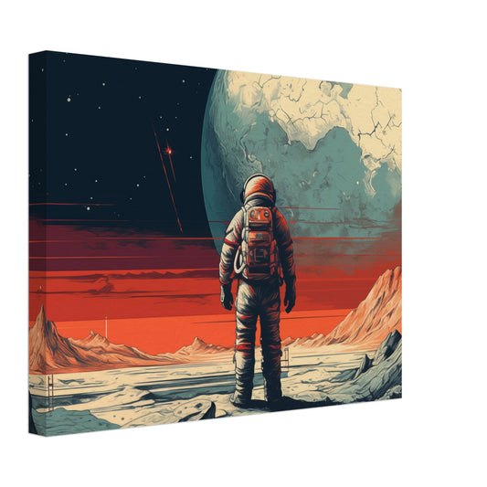 Leinwand „Horizonte des Unbekannten“ mit Astronaut vor fremder Planetlandschaft und riesigem Mond, 30x40 cm