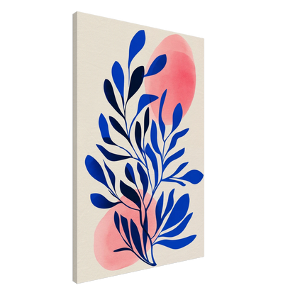 Blaues Blattwerk auf Korallhintergrund Leinwand 60x90 cm - Pixara