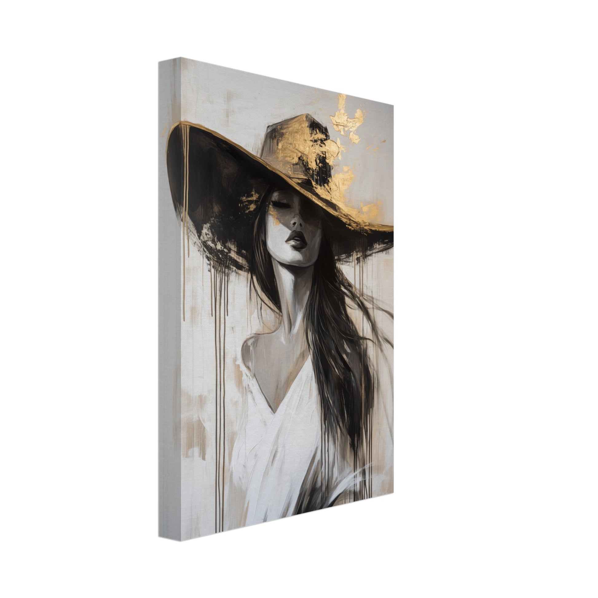 Leinwand „Elegante Frau mit Hut“ mit elegante Frau mit großem schwarzem Hut und goldenen Akzenten, 20x30 cm