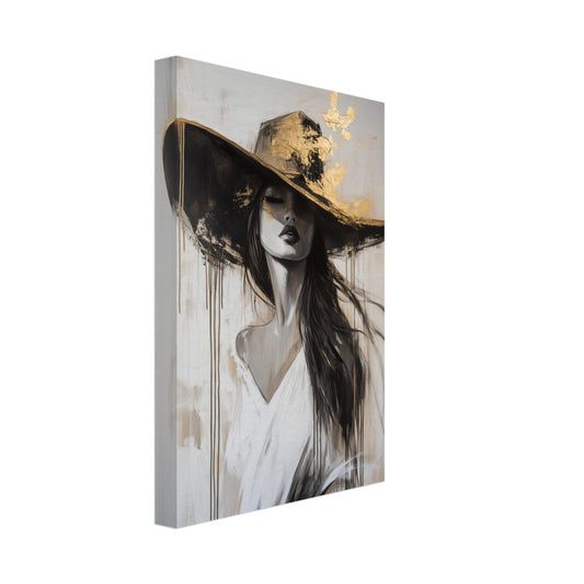 Leinwand „Elegante Frau mit Hut“ mit elegante Frau mit großem schwarzem Hut und goldenen Akzenten, 20x30 cm