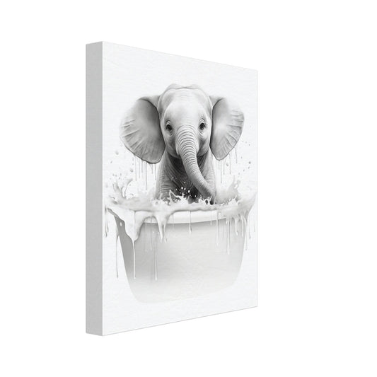 Leinwand „Schaumbad Spaß“ mit Elefant in einer Badewanne mit Schaum in Schwarzweiß, 20x25 cm