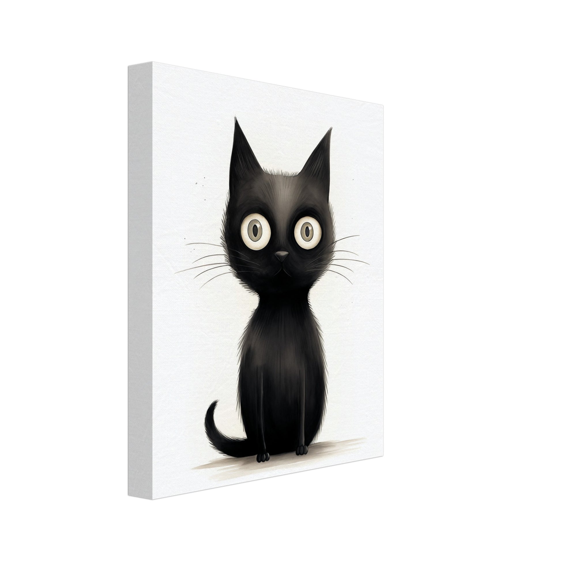 Leinwand „Blinky“ mit schwarze Cartoonkatze mit großen runden Augen auf hellem Grund, Format 20 × 25 cm