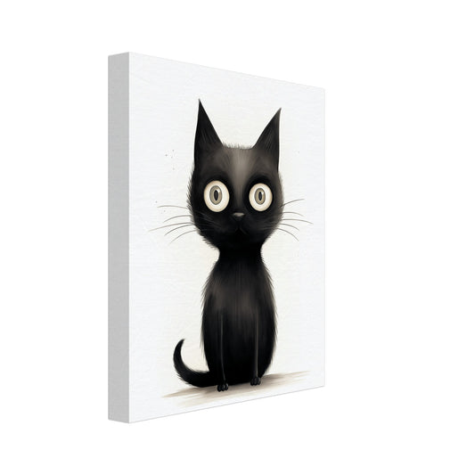 Leinwand „Blinky“ mit schwarze Cartoonkatze mit großen runden Augen auf hellem Grund, Format 20 × 25 cm