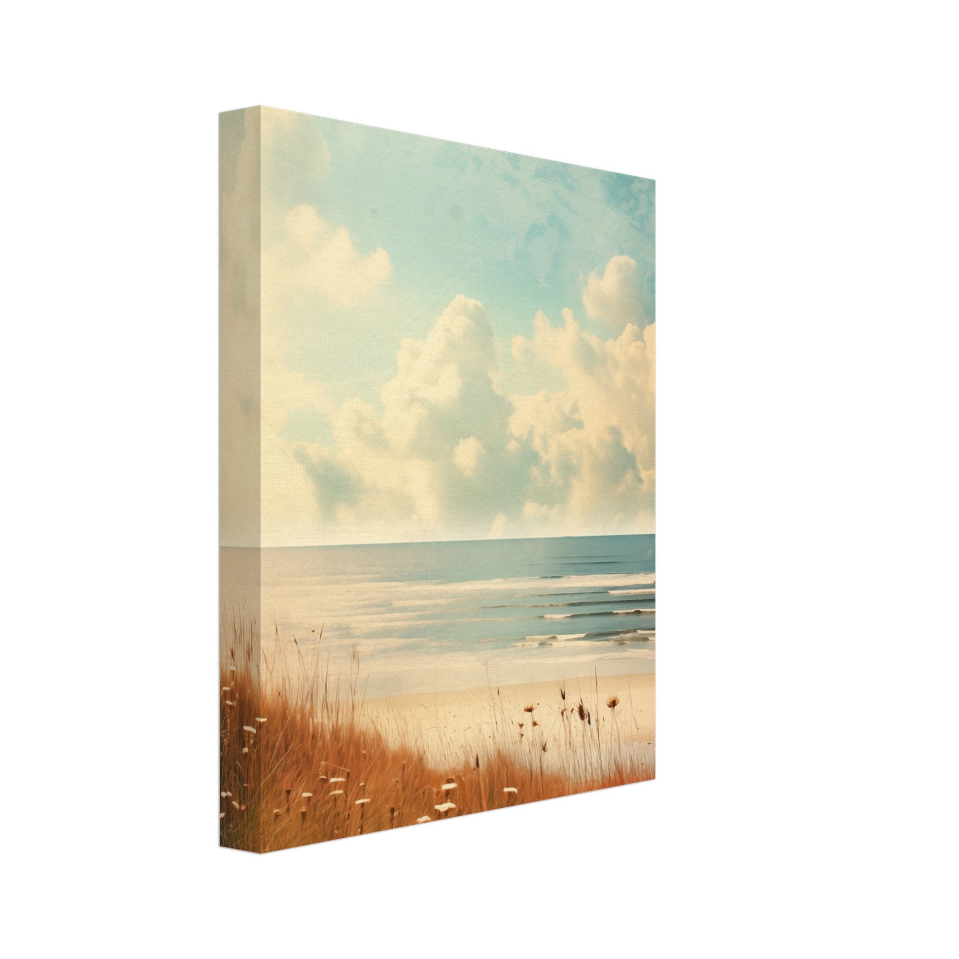 Leinwand „Seelandschaft in Sanftem Retro“ mit ruhiger Retro-Küstenlandschaft mit Strandgräsern, 20x25 cm