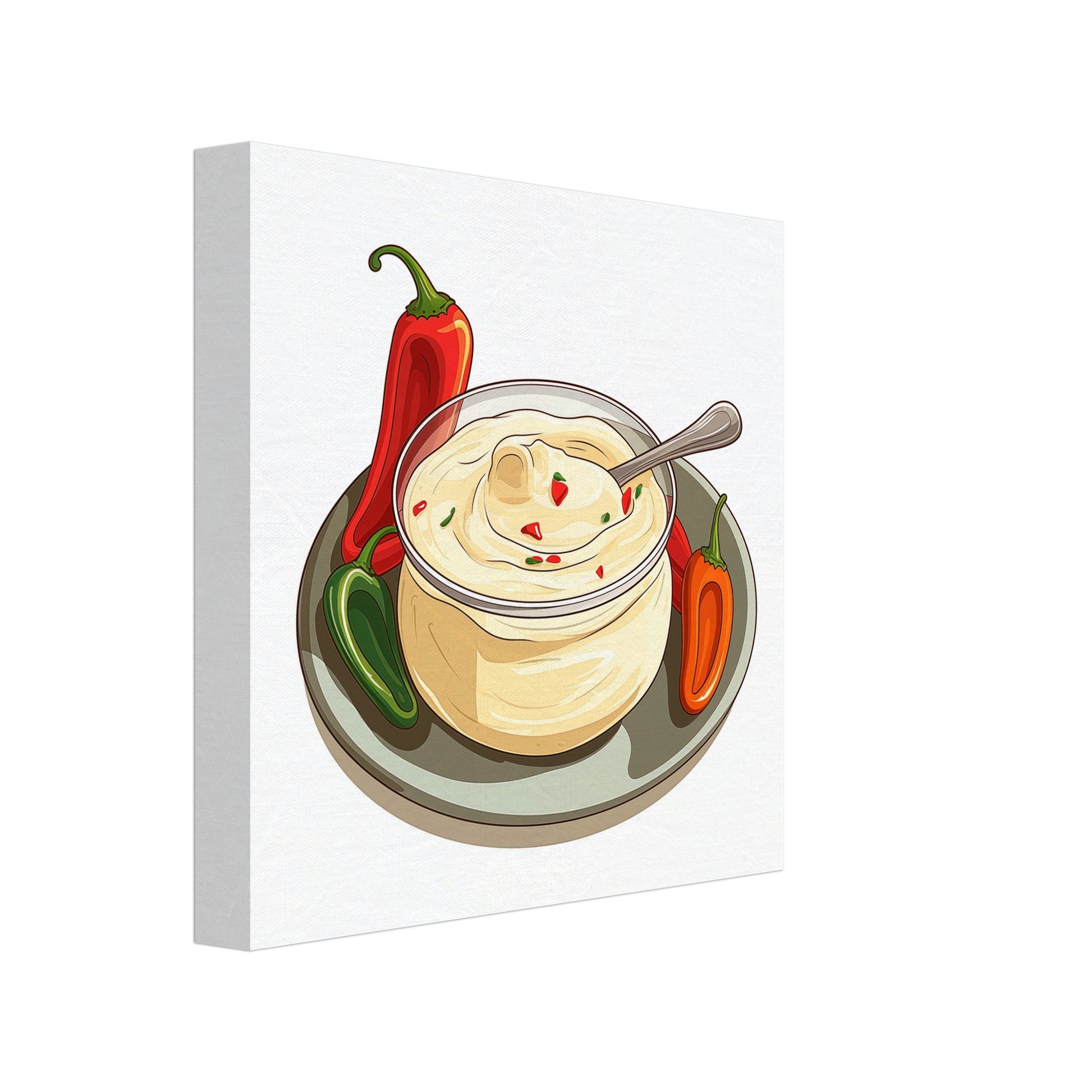 Leinwand „Würzige Cremigkeit“ mit cremigem Dip mit roten und grünen Chilis, 20x20 cm