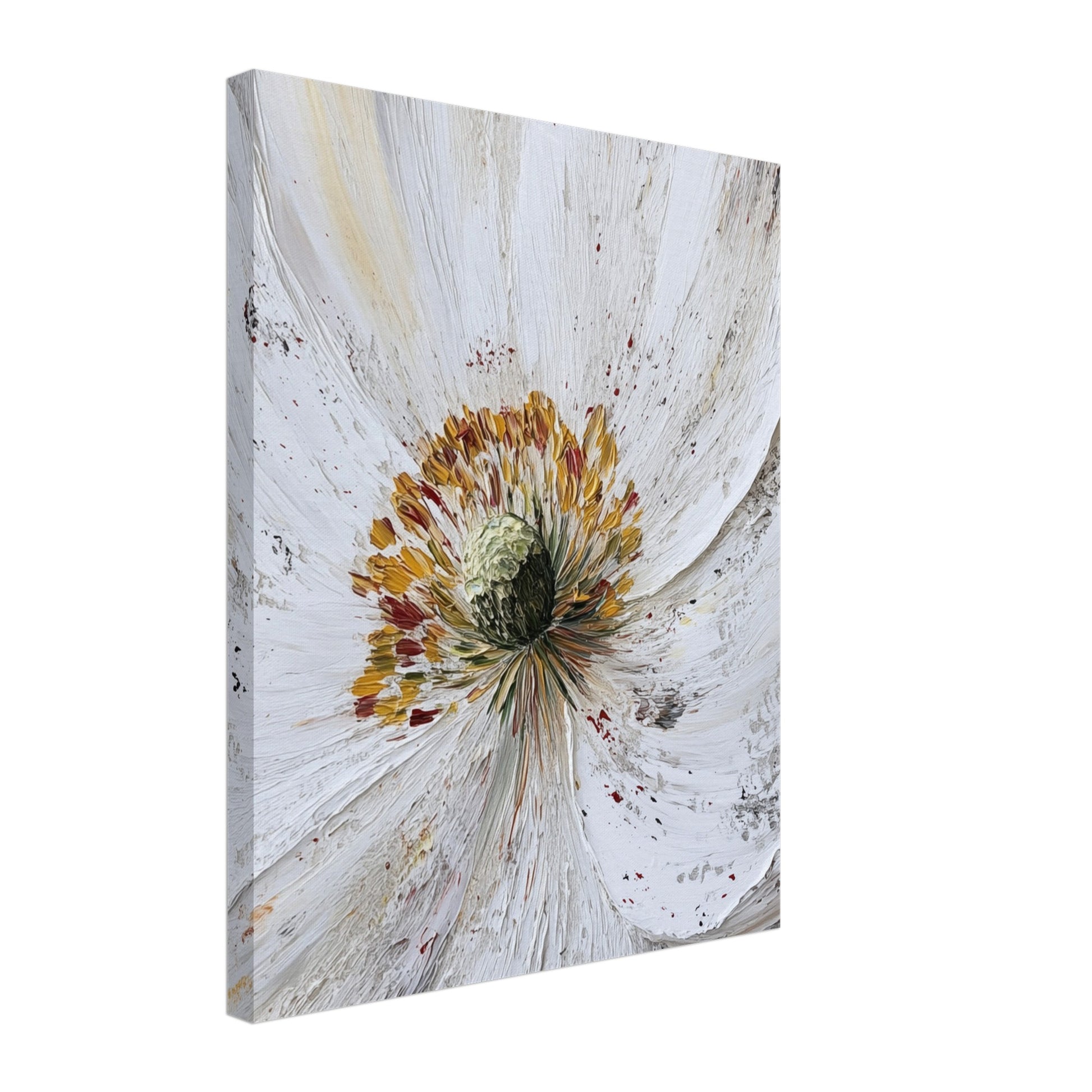 Leinwand „Weiße Blume in Nahaufnahme“ mit weißer Blüte in Nahaufnahme mit goldbraunen Strukturen, 40x50 cm