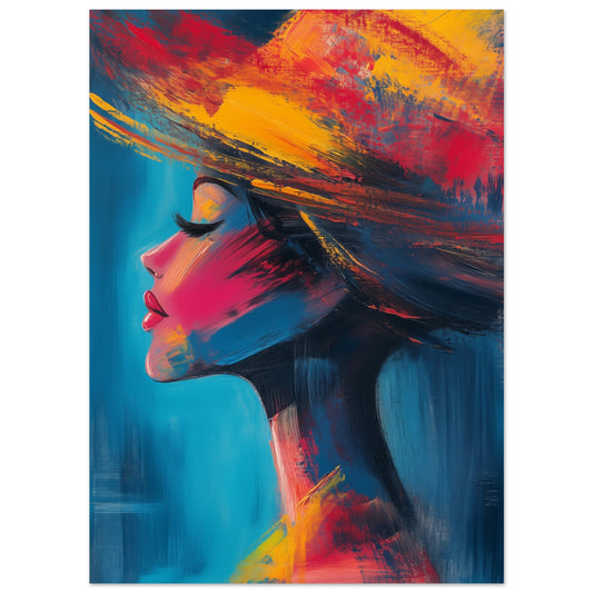 Poster „Abstrakte Eleganz in lebendigen Farben“ mit abstraktem Frauenporträt in Petrol, Rot, Gelb und Schwarz, 13 × 18 cm