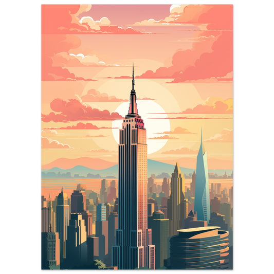 Poster „New York Skyline im Morgengrauen“ mit New-York-Skyline mit Empire State Building in warmen Pastelltönen, 13x18 cm