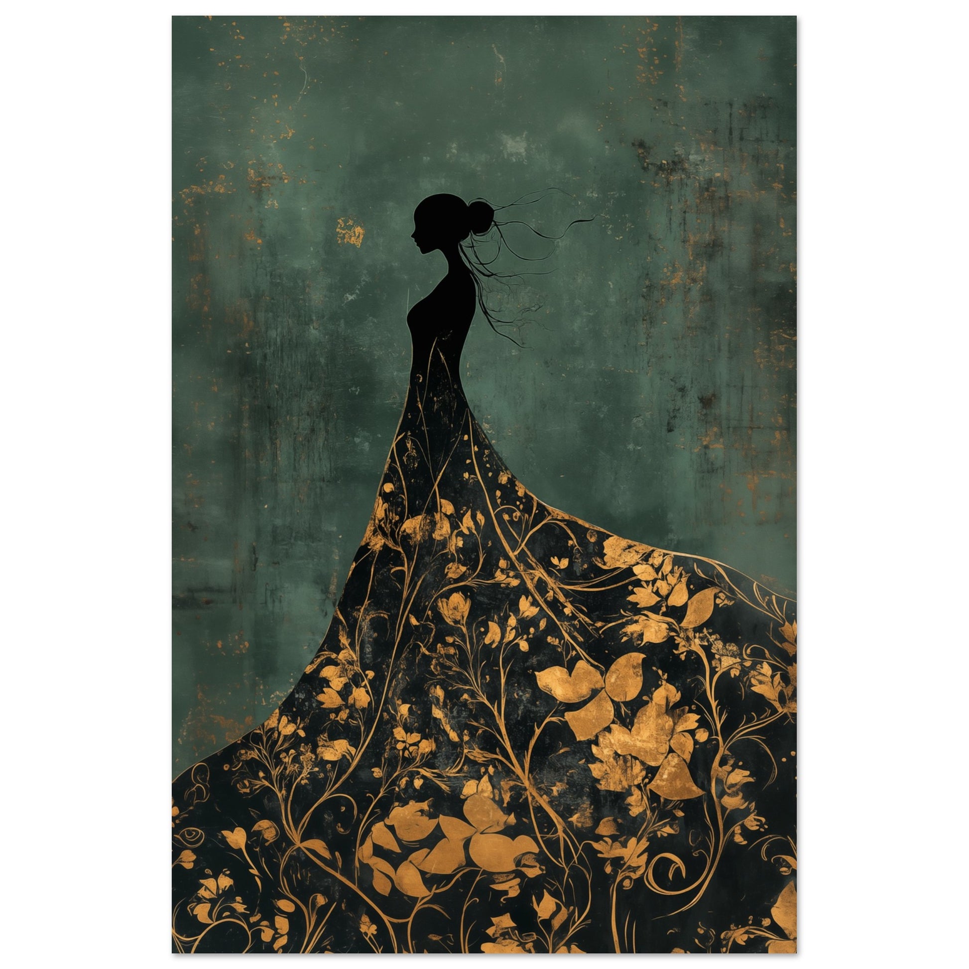 Goldene Eleganz – Silhouette einer Frau in floraler Pracht Poster 60x90 cm - Pixara