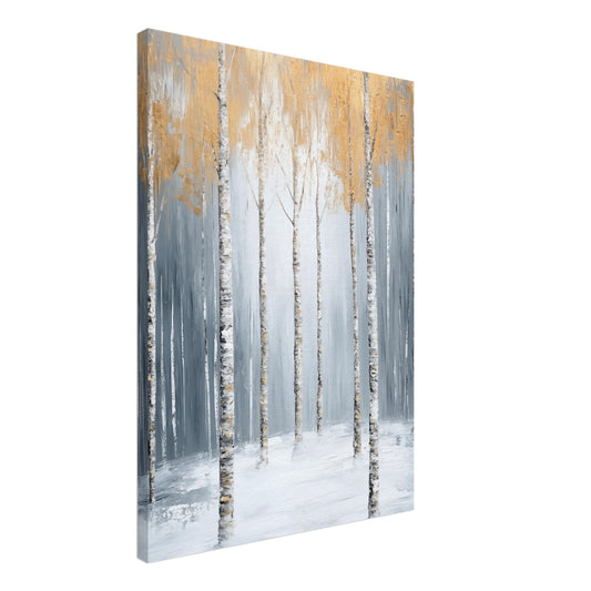 Leinwand „Goldene Birken im Nebel“ mit Birkenstämmen im Nebel mit goldenen und graublauen Akzenten, 50x70 cm
