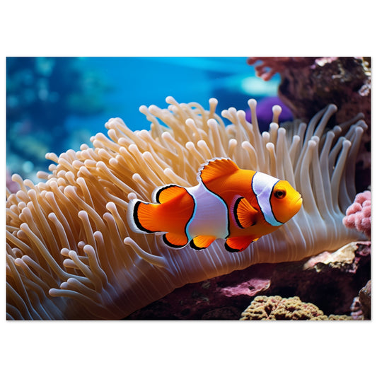 Poster „Versteck im Riff“ mit Clownfisch zwischen orangefarbenen Anemonen, 13x18 cm