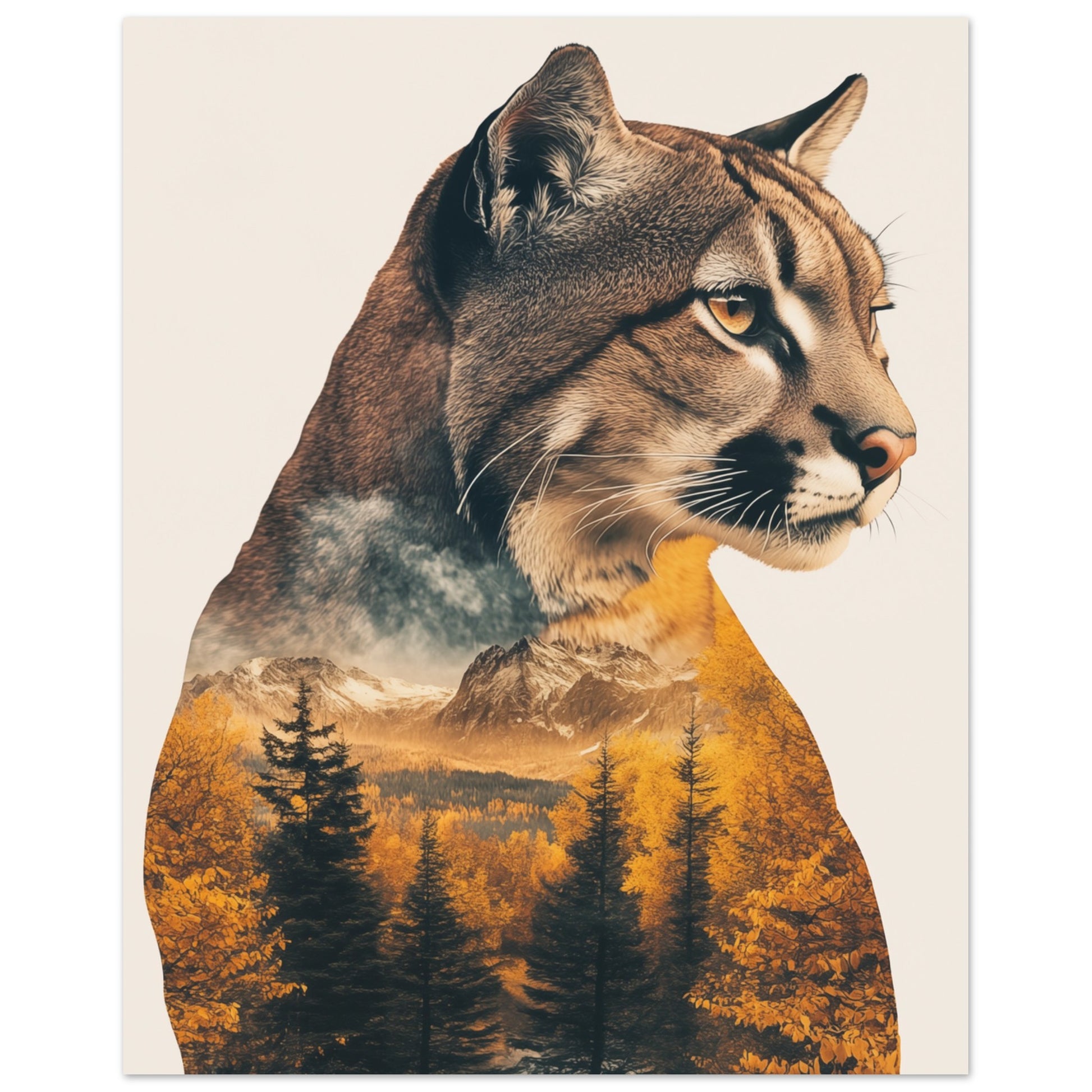 Wandbild „Mystischer Puma in herbstlicher Doppelbelichtung“ mit Pumaporträt mit Herbstwald als Doppelbelichtung, 20x25 cm