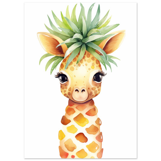 Poster „Gigi die Giraffenananas“ mit niedliche Giraffe mit Ananas-Körper und grüner Blätterkrone, 13x18 cm