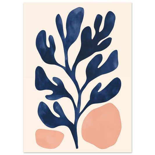 Poster „Botanische Ruhe“ mit dunkelblauer botanischer Zweig mit weichen apricotfarbenen Formen, Format 13 × 18 cm