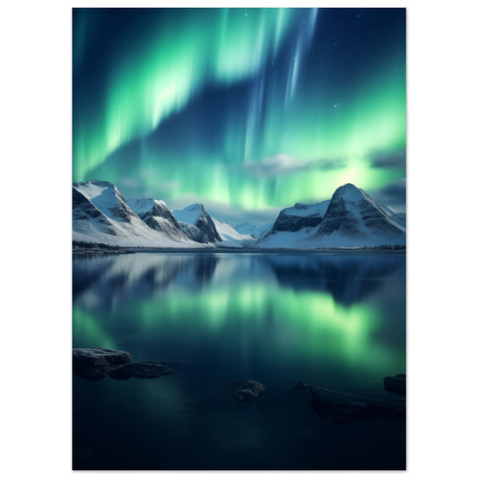 Poster „Polarlichter“ mit grüne und türkise Polarlichter über dunkler Berg- und Seenlandschaft, 13x18 cm
