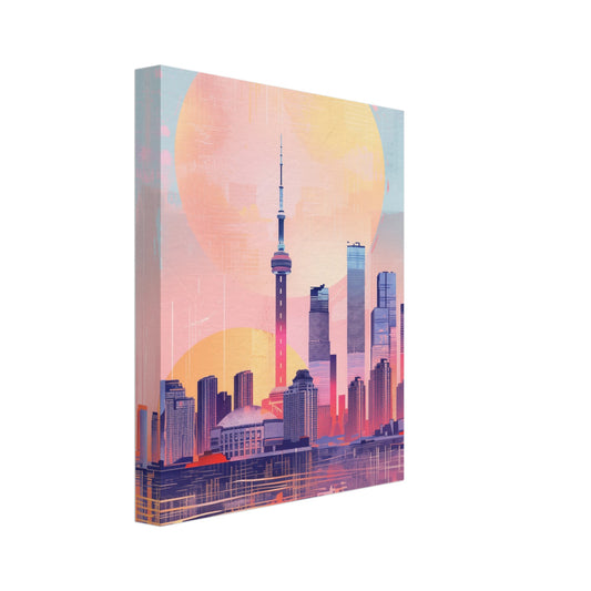 Leinwand „Urbane Dämmerung“ mit Stadtsilhouette mit Fernsehturm vor pastellfarbener Sonne, 20x25 cm