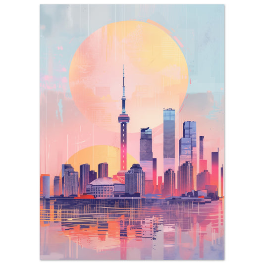 Poster „Urbane Dämmerung“ mit Stadtsilhouette mit Fernsehturm vor pastellfarbener Sonne, 13x18 cm