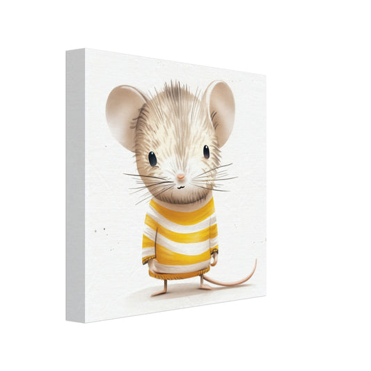 Leinwand „Maxi Maus“ mit niedliche helle Maus im gelb-weiß gestreiften Shirt auf weißem Grund, 20x20 cm