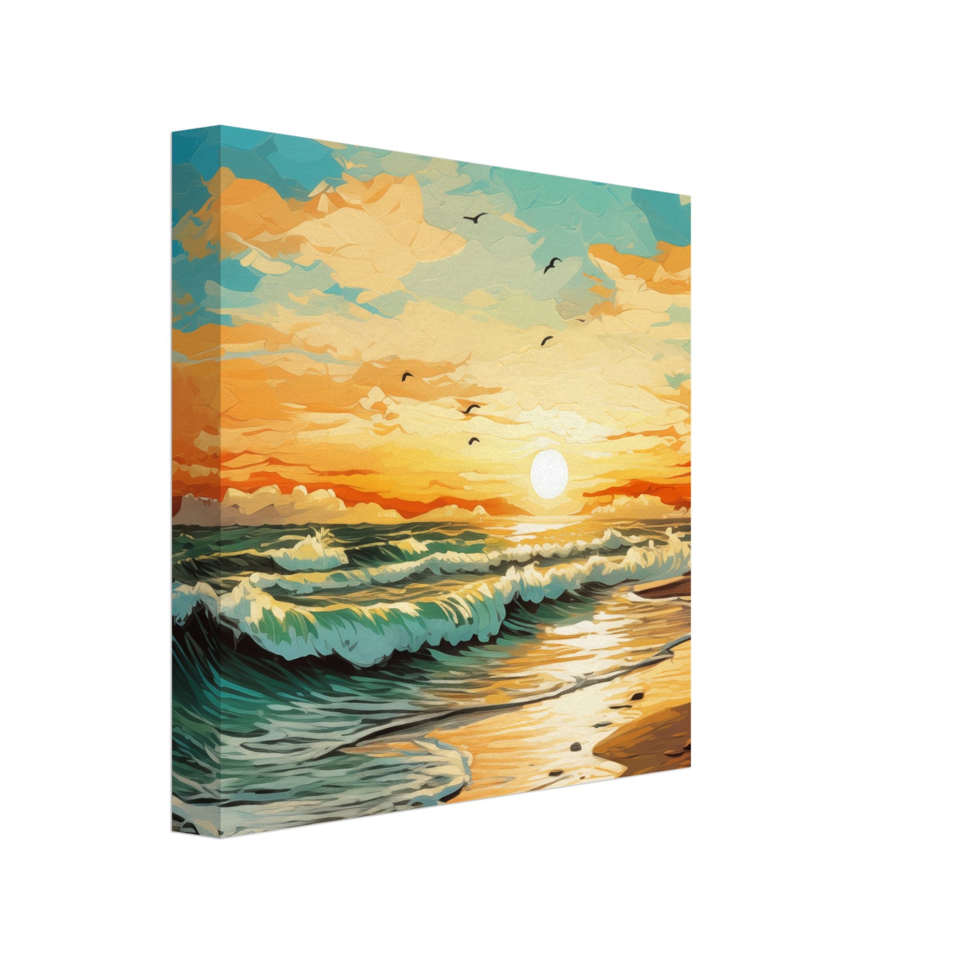 Leinwand „Van Goghs Strand“ mit Strand mit bewegten Wellen und leuchtendem Sonnenuntergang, 20x20 cm