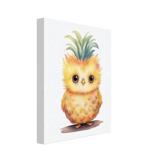 Leinwand „Owly Pine“ mit niedliche Eule mit Ananas-Körper und grüner Blätterkrone, 20x25 cm
