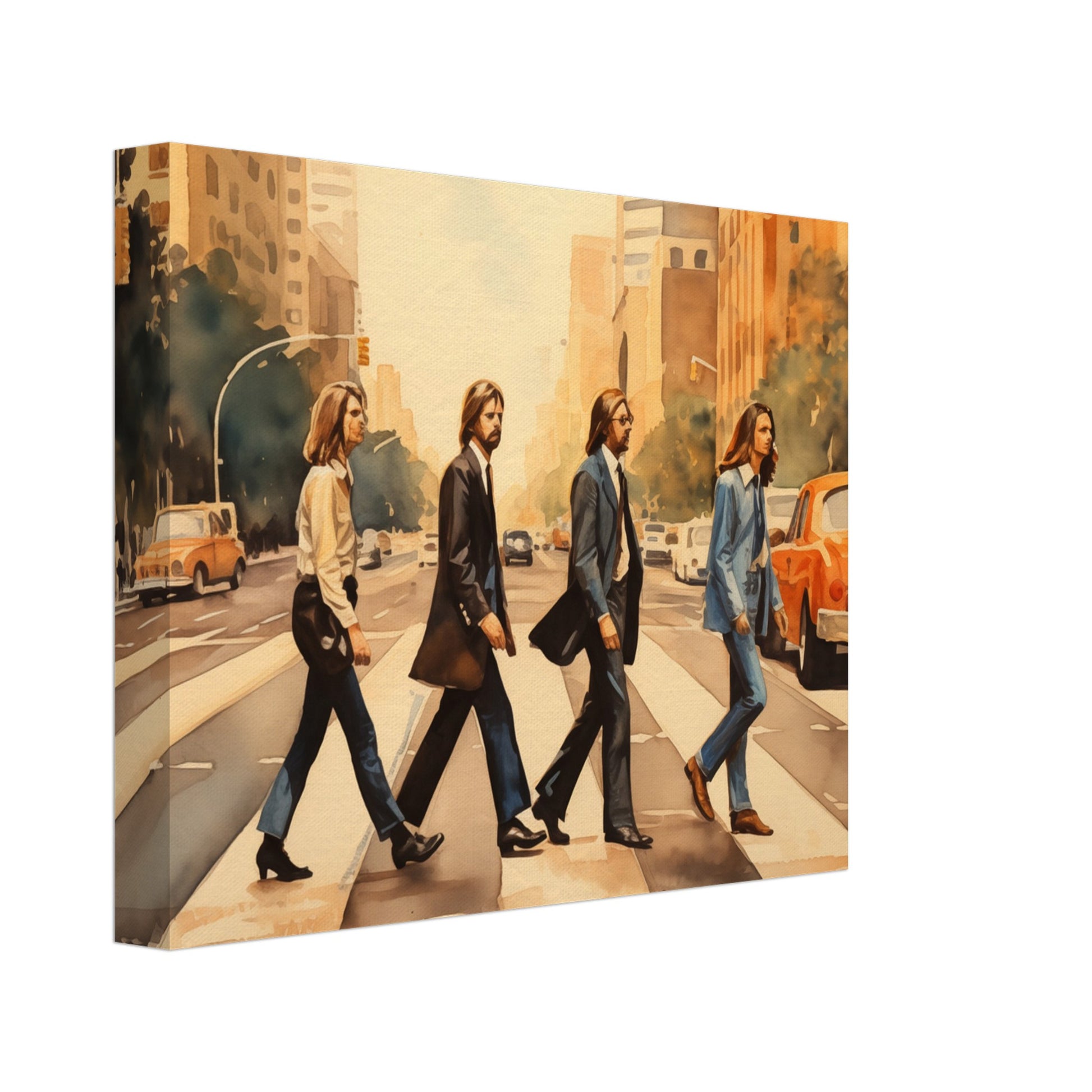 Leinwand „Der Weg der Ikonen“ mit vier Personen auf einem Zebrastreifen in warmer urbaner Retro Szene, Format 20 × 25 cm