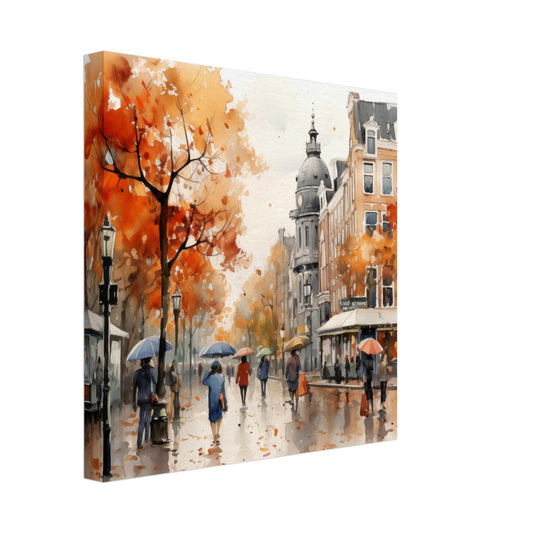 Leinwand „Regnerischer Herbsttag“ mit regnerischer Herbststraße mit orangefarbenen Bäumen, 30x30 cm