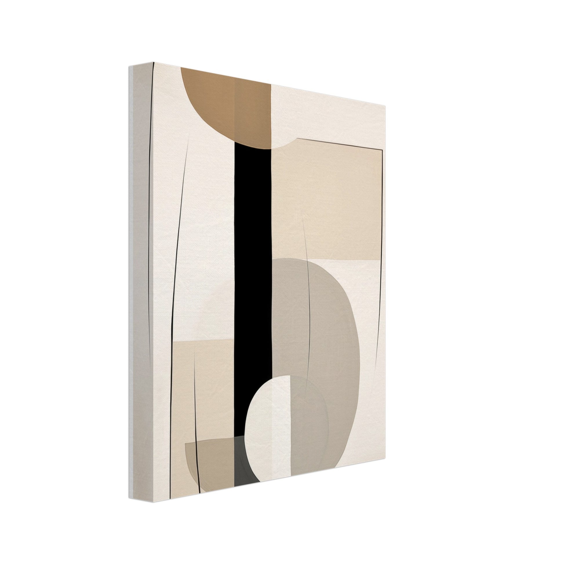 Leinwand „Intersect“ mit geometrische Komposition aus Kreisen, Linien und Flächen in Creme, Sand, Taupe und Schwarz, 20x25 cm