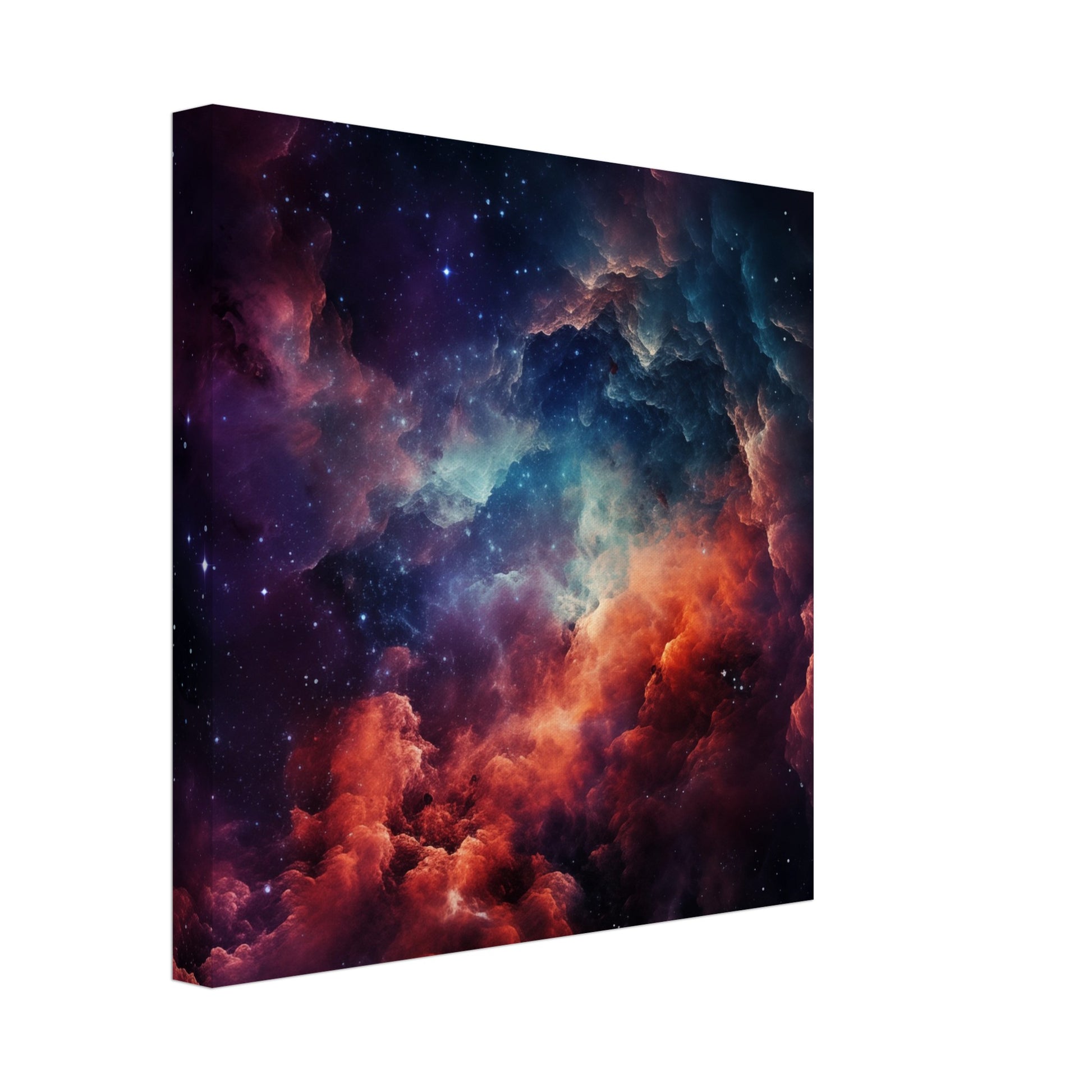 Leinwand „Farbexplosion im Kosmos“ mit kosmische Farbwolken in Dunkelblau, Violett, Rot und Türkis, 30x30 cm
