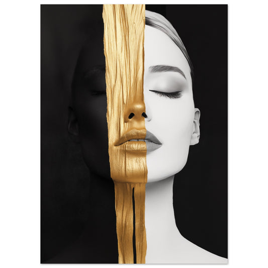 Poster „Goldene Dualität“ mit Schwarzweiß-Frauenporträt mit vertikalem goldenem Pinselstrich, 13x18 cm