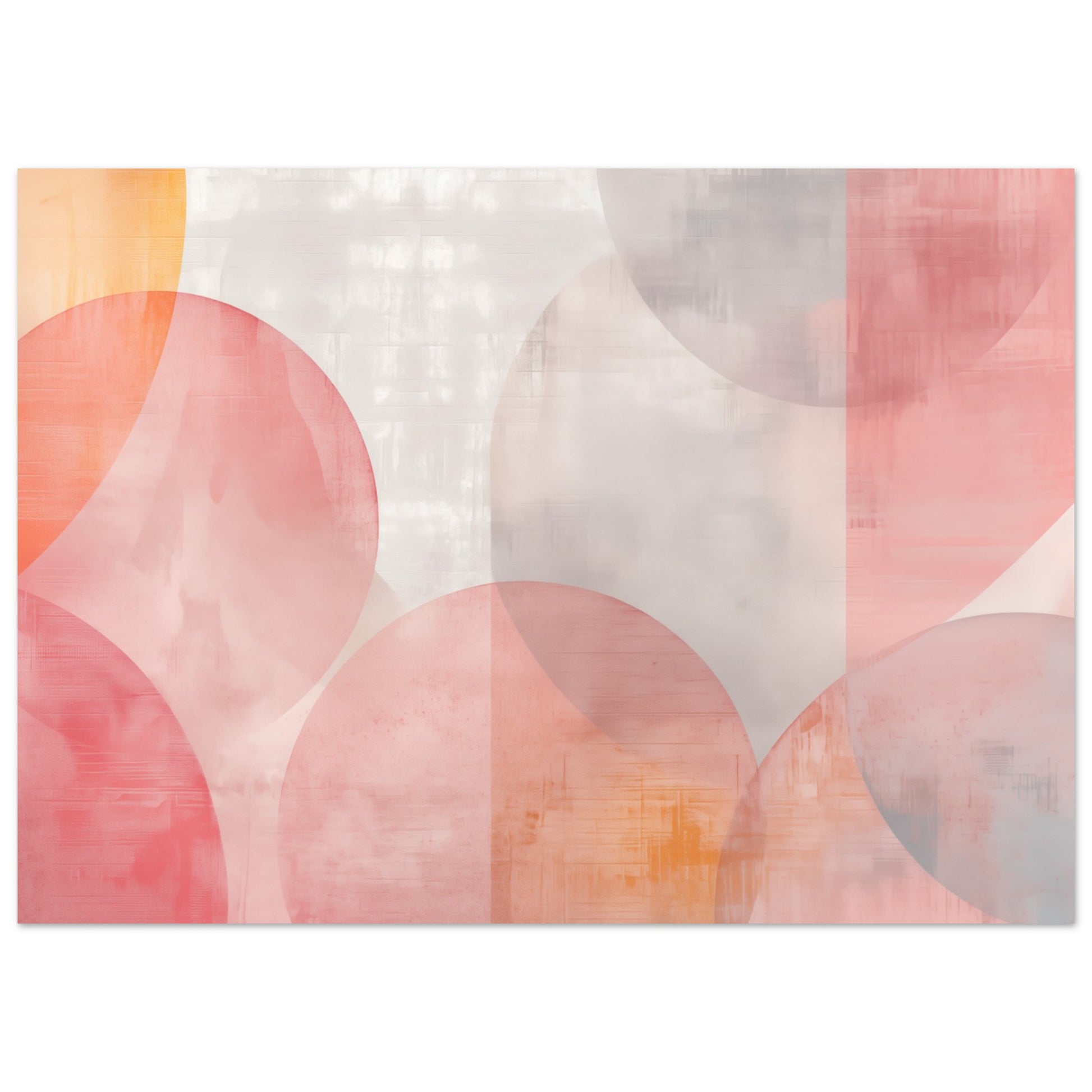 Poster „Geometrische Morgendämmerung“ mit weiche überlagerte Bögen und Halbkreise in Rosa, Koralle, Apricot und Creme, 50x70 cm