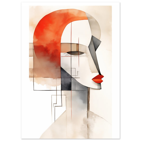 Poster „Contemplative Vision“ mit abstraktes weibliches Seitenprofil aus geometrischen Flächen in Rost und Grau, Format 13 × 18 cm