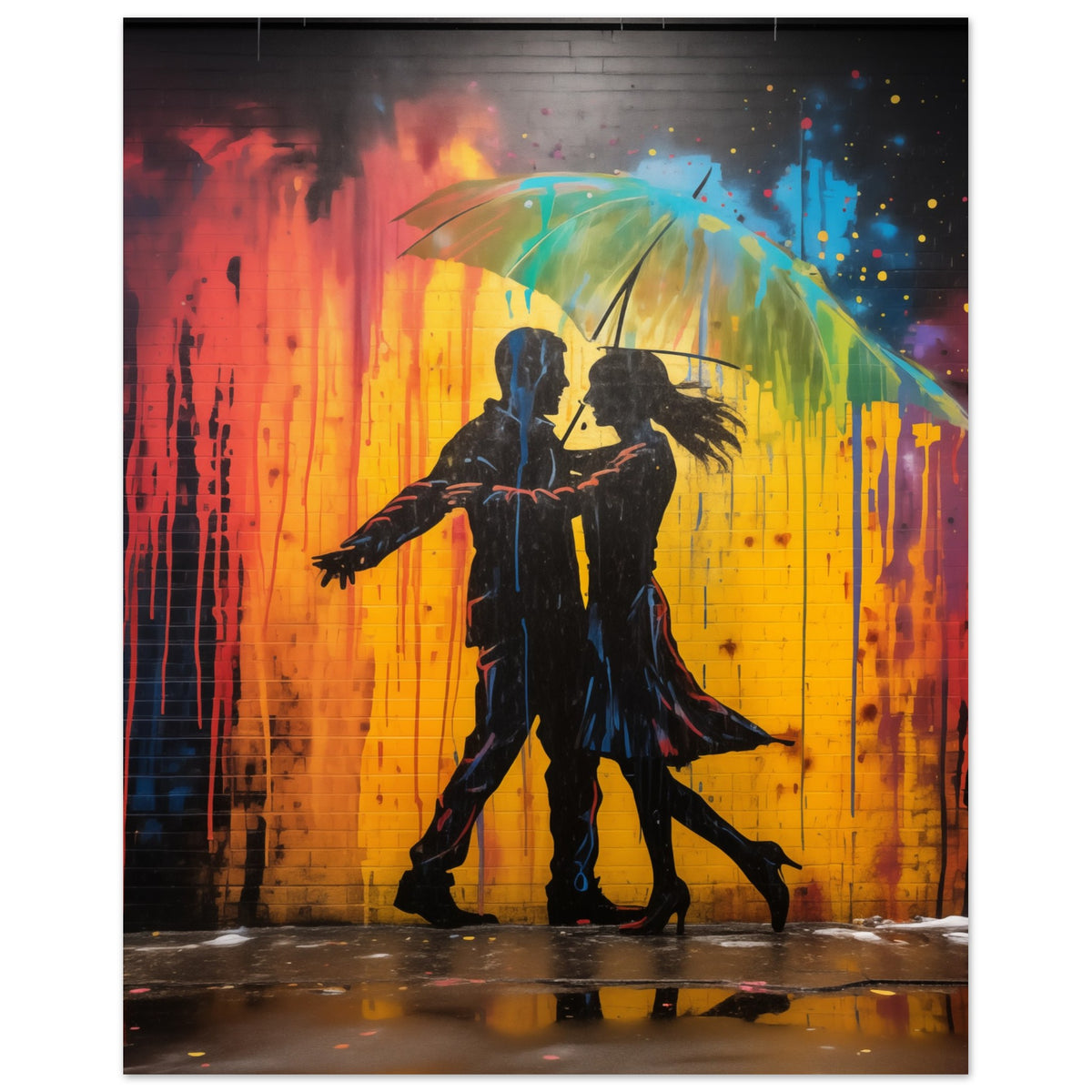 Poster „Rhytmus der Farben“ mit tanzendem Paar vor expressiven Farbspritzern, 20x25 cm