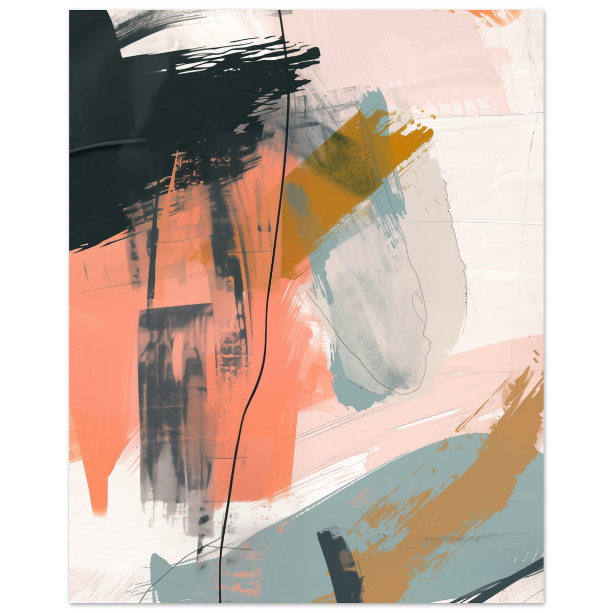Poster „Abstrakte Pastellkunst“ mit abstrakten Pinselstrichen in Apricot, Petrol, Schwarz und Creme, 20 × 25 cm