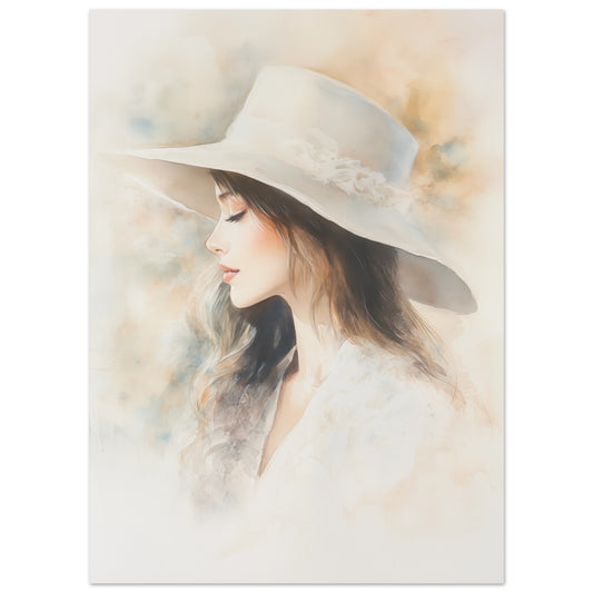 Poster „Zarte Wasserfarben-Porträt einer Frau“ mit Frauenprofil mit großem hellem Hut in Aquarelloptik, 13x18 cm