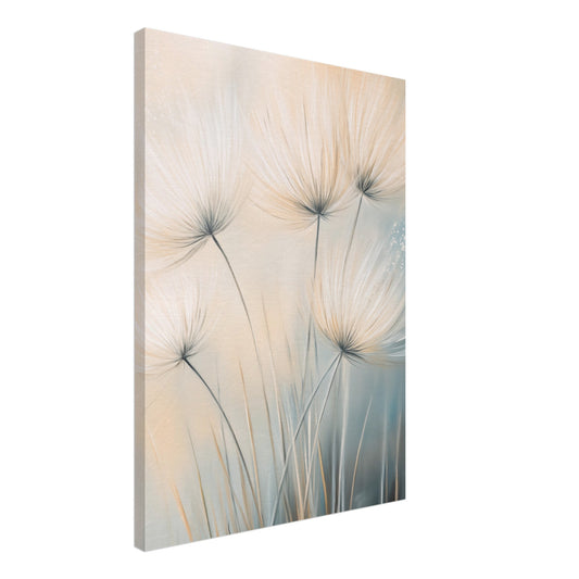 Leinwand „Sanfte Pusteblumen im Wind“ mit Pusteblumen in Creme und Hellblau vor weichem Hintergrund, 50x70 cm