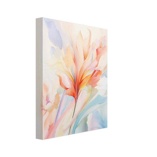 Leinwand „Blütenzauber“ mit fließende abstrakte Blüte in Apricot, Türkis und zarten Pastelltönen, Format 20 × 25 cm